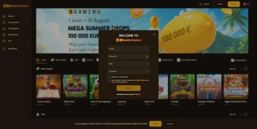 Registration at Bitcoin Games Casino