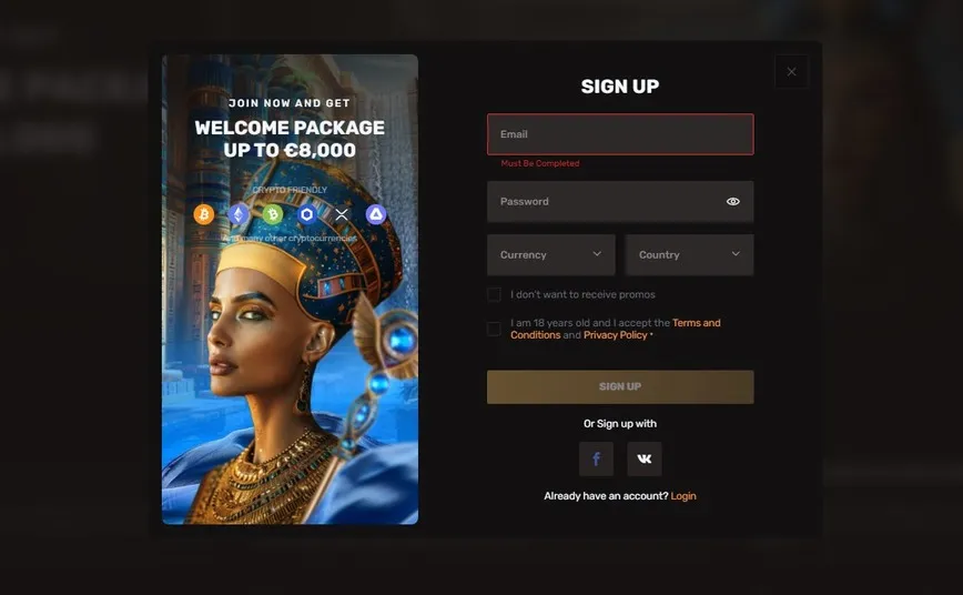 Registro no Cleopatra Casino