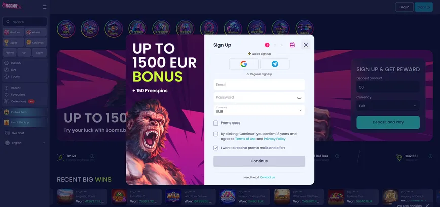 Registration at BoomsBet Casino