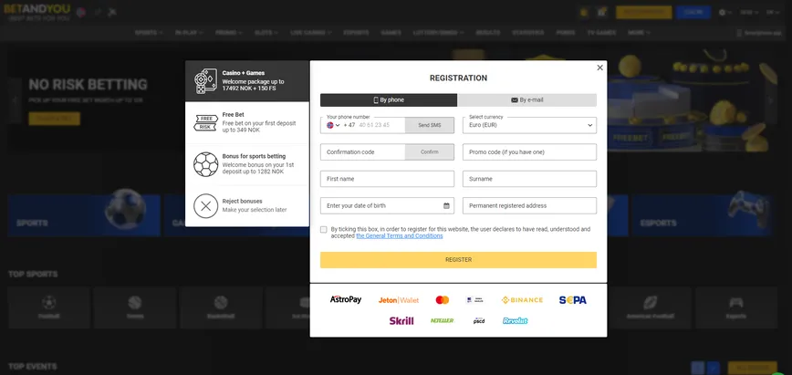 Registration at BetAndYou Casino
