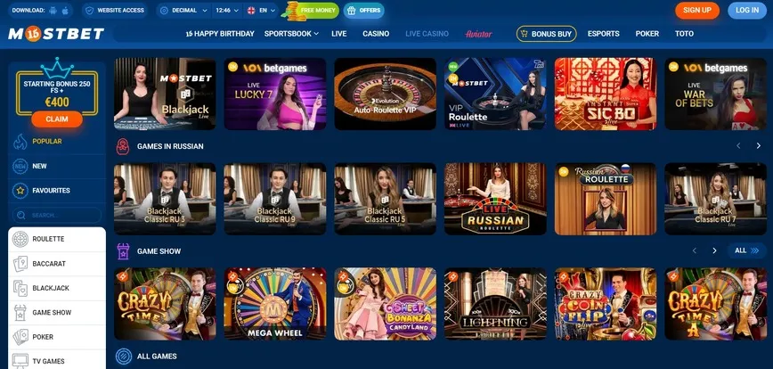 Jeux de casino avec croupier en direct sur le casino MostBet 