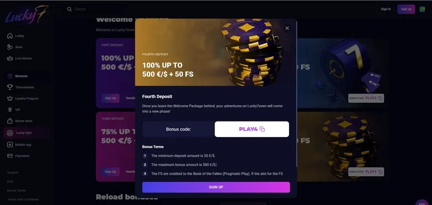 Fourth Deposit Bonus at Lucky7even Casino