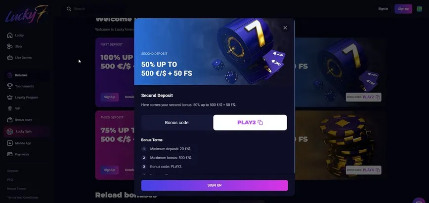 Second Deposit Bonus at Lucky7even Casino