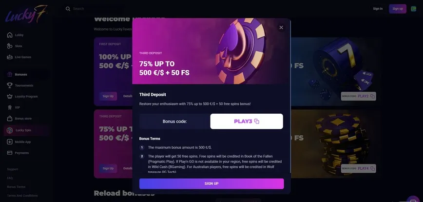 Third Deposit Bonus at Lucky7even Casino