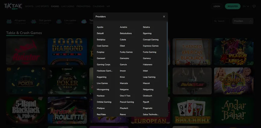 Software Providers at TikTak Bet Casino