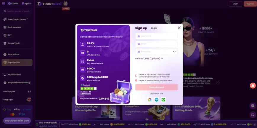 Registrations at TrustDice Casino