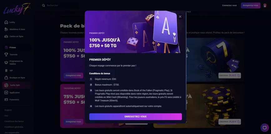 Bônus de primeiro depósito no Lucky7even Casino