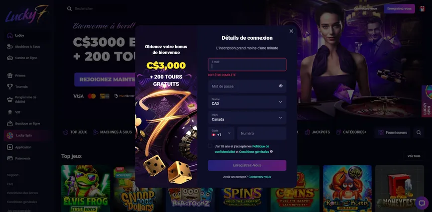 Enregistrement au casino Lucky7even