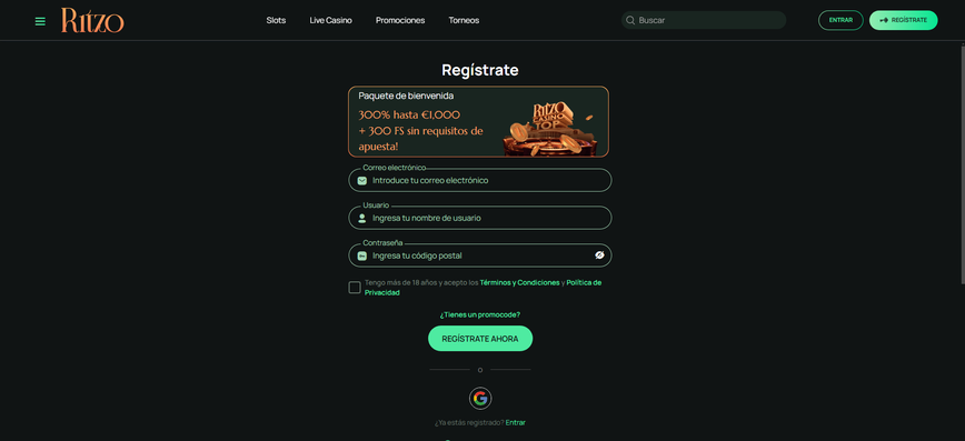 Registro en Ritzo Casino