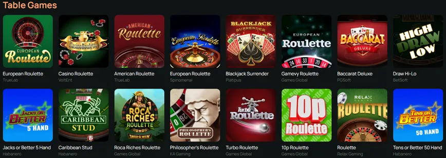 Juegos de mesa en Ritzo Casino