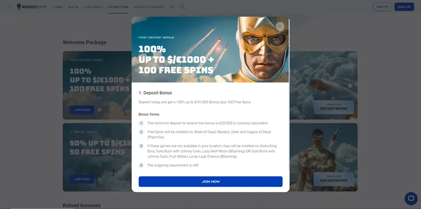 First Deposit Bonus at RocketSpin Casino