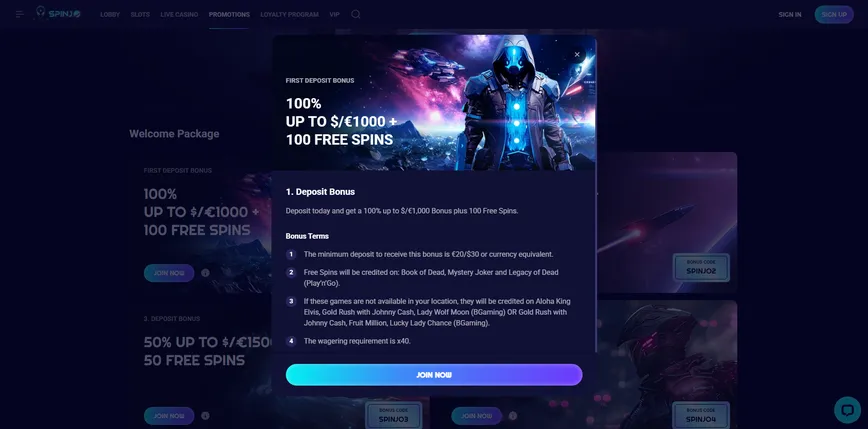 Bônus de primeiro depósito no Spinjo Casino