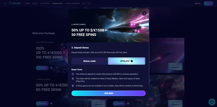 Third Deposit Bonus at Spinjo Casino