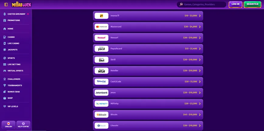 Payment Options at Midasluck Casino