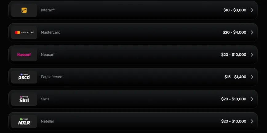 Payment Options at Revolution Casino