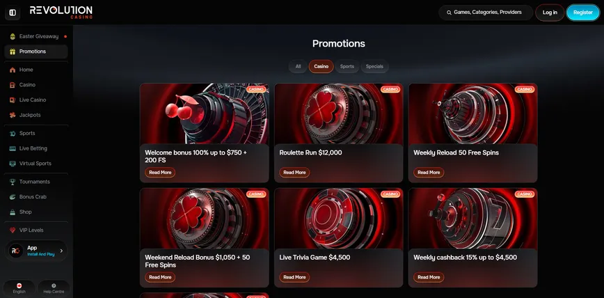Promotions and Bonuses at Revolution Casino