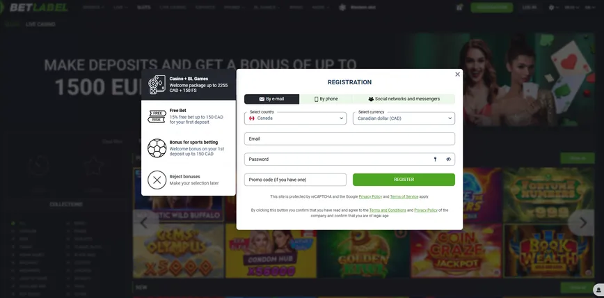 Registration at Betlabel Casino