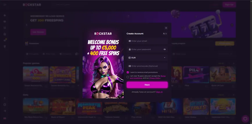 Registration at Rockstar.casino