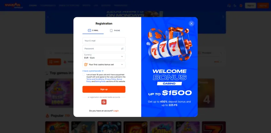 Registration at VulkanSpiele Casino