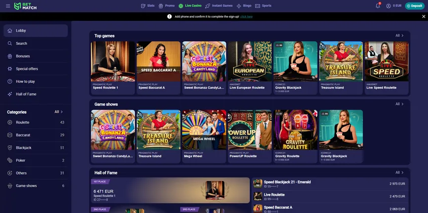 Live Dealer Casino Games at Betmatch Casino