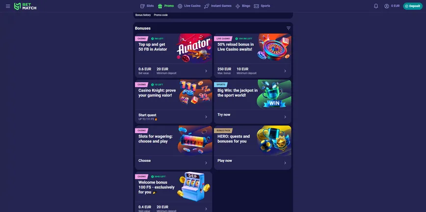 Promotions and Bonuses at Betmatch Casino 