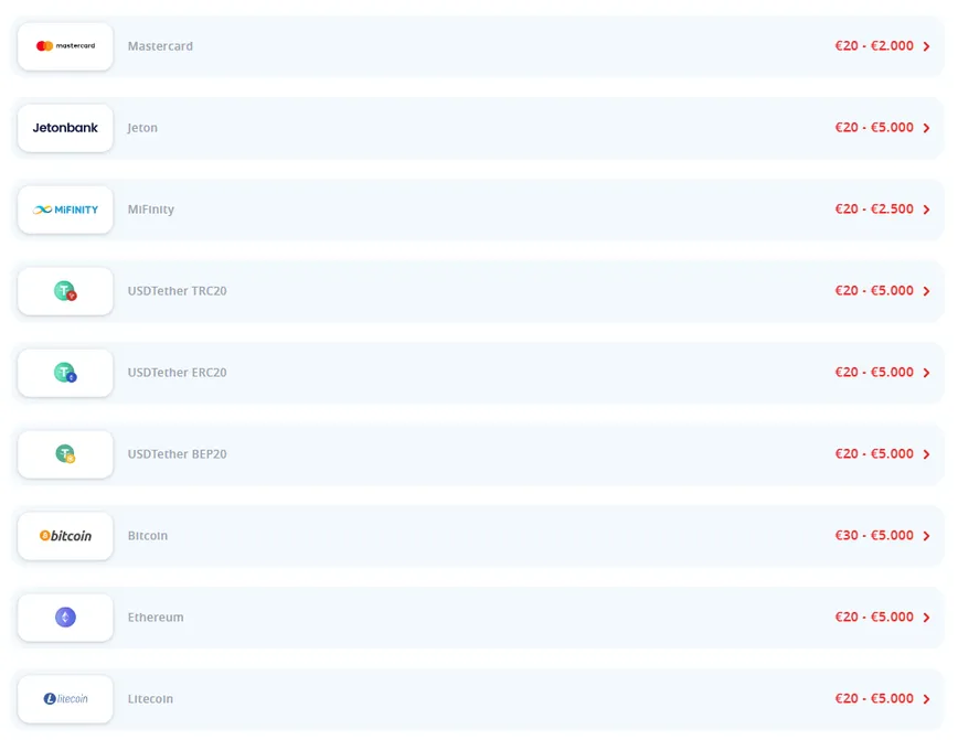 Payment Options at Infinity Casino