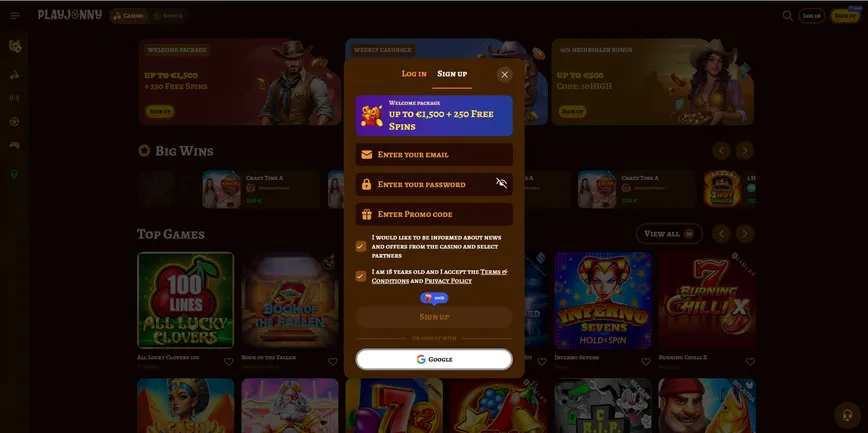 Registration at Playjonny Casino