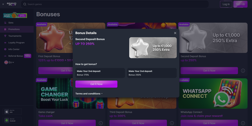 Second deposit bonus at Bravoplay Casino