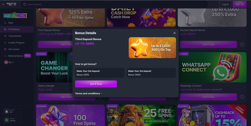 Third deposit bonus at Bravoplay Casino