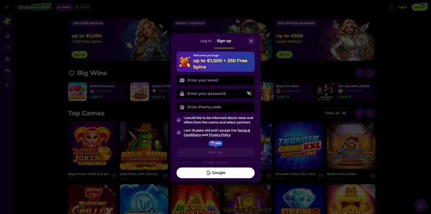 Registration at Spinmama Casino  