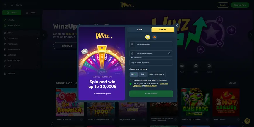 Registration at Winz Casino