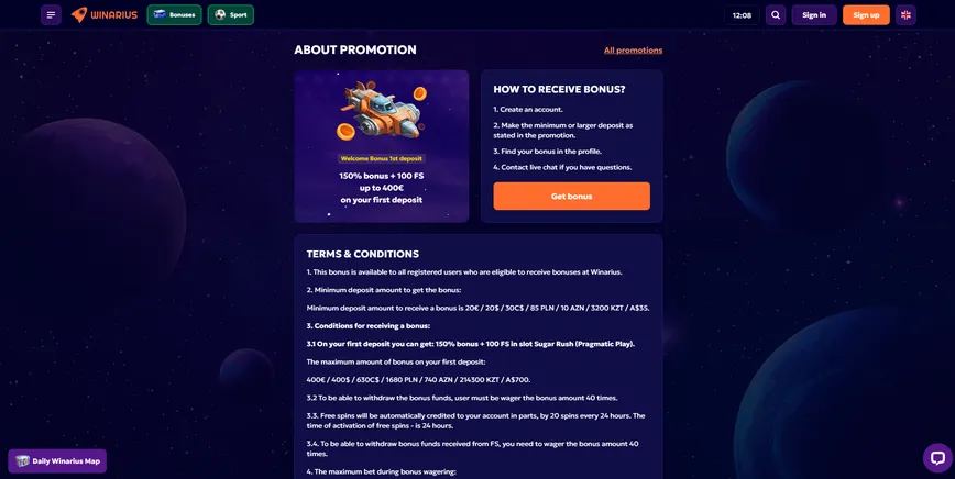 First Deposit bonus at Winarius Casino 