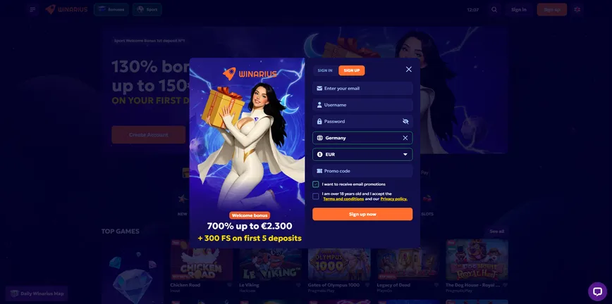 How to Sign up at Winarius Casino  