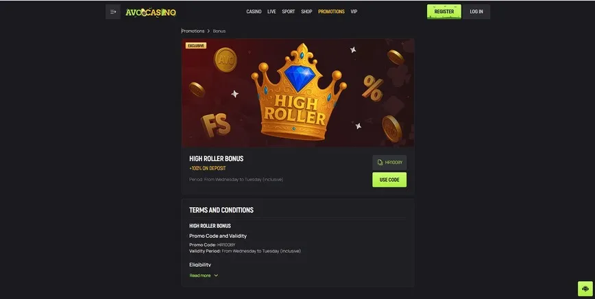 Bono para high rollers en Avo Casino
