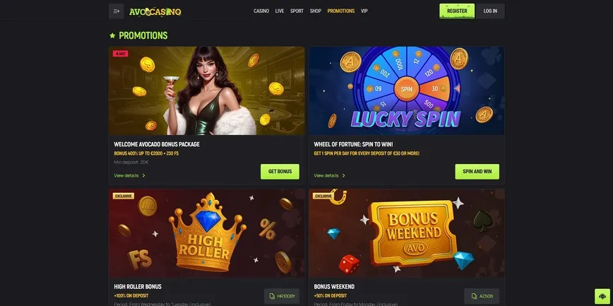 Promociones y bonos en Avo Casino