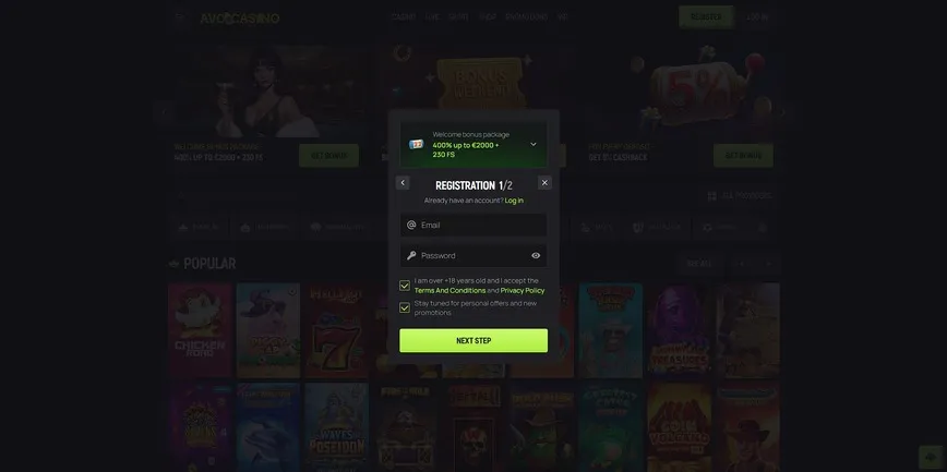 Registro en Avo Casino