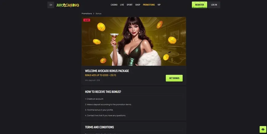 Paquete de bono de bienvenida en Avo Casino