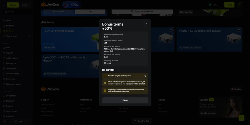 First Deposit Bonus at JetTon Casino