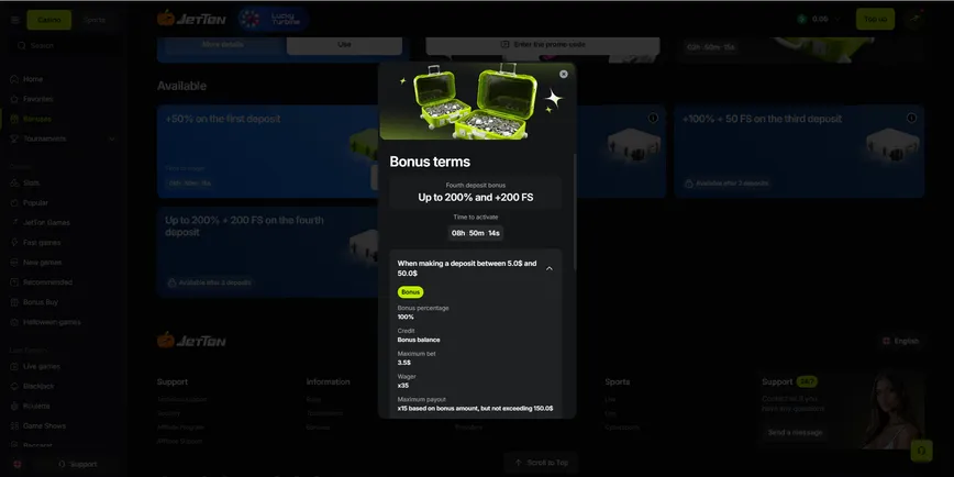 Fourth Deposit Bonus at JetTon Casino