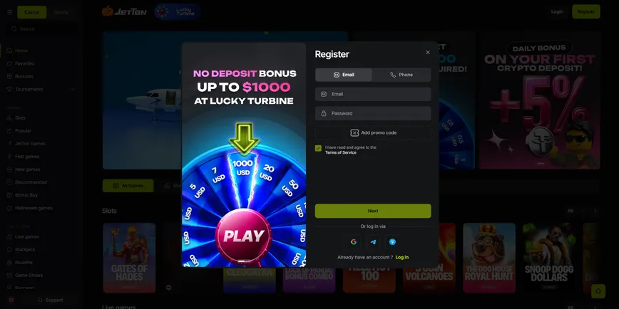 Registration at JetTon casino