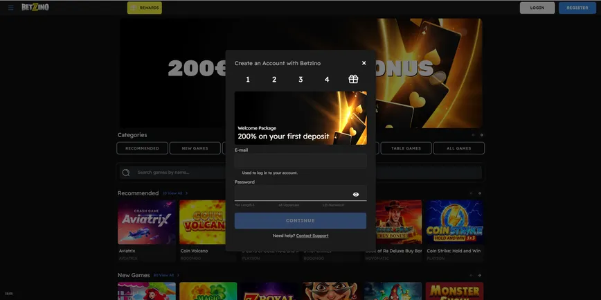 Cadastro no Casino Betzino