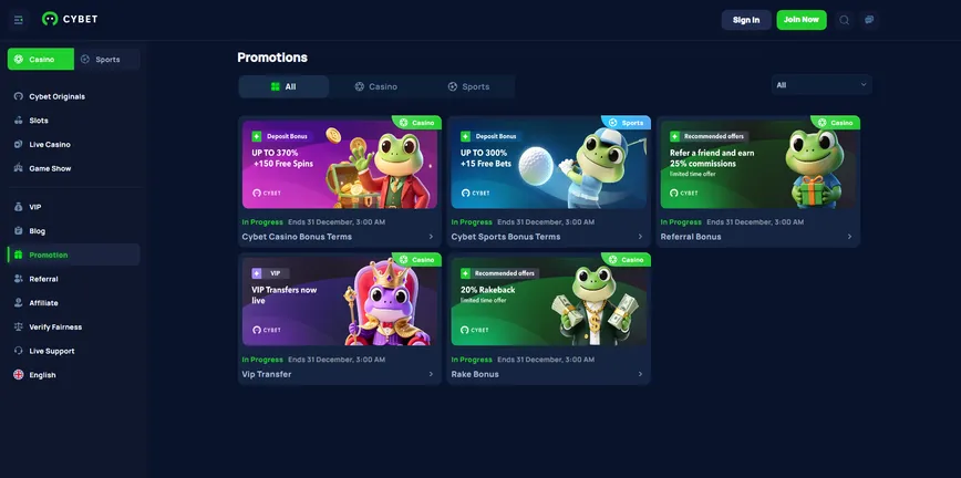 Promotions and Bonuses at Cybet casino