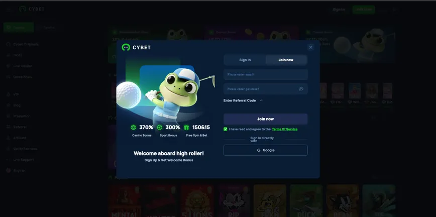 Registration at Cybet casino