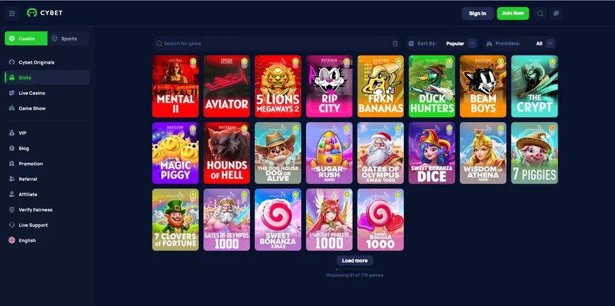 Slot Machines at Cybet casino  