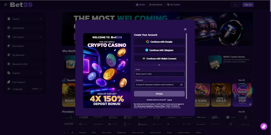 Registration at Bet25 Casino