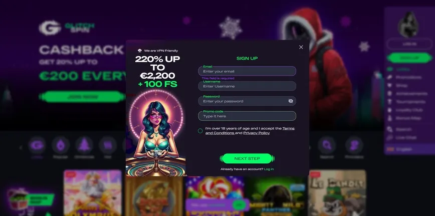Registration at GlitchSpin Casino