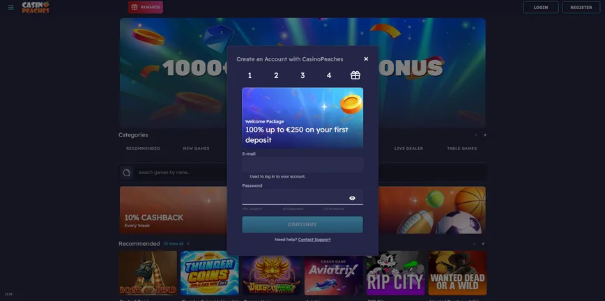 Registration at Peaches Casino