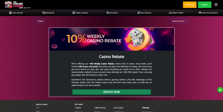 10% Weekly Casino Rebate at The Online Casino 