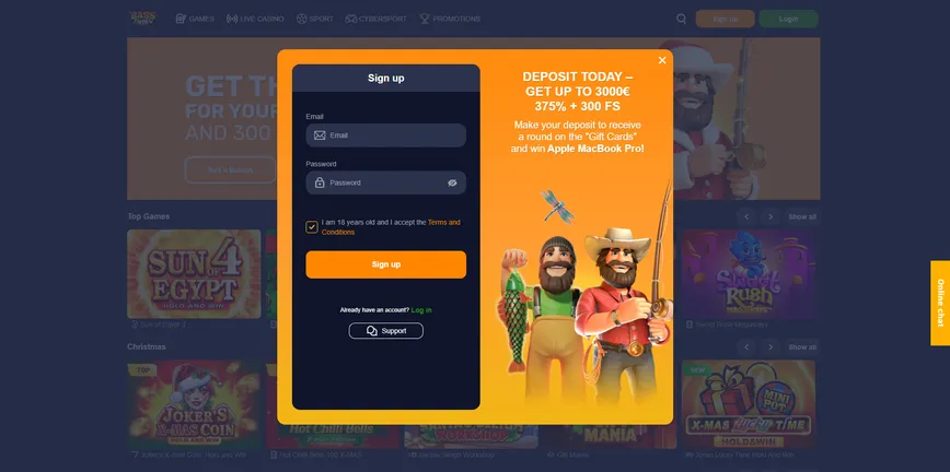 Registration at Bass Win Casino