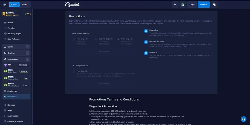 Promotions and Bonuses at Rainbet Casino